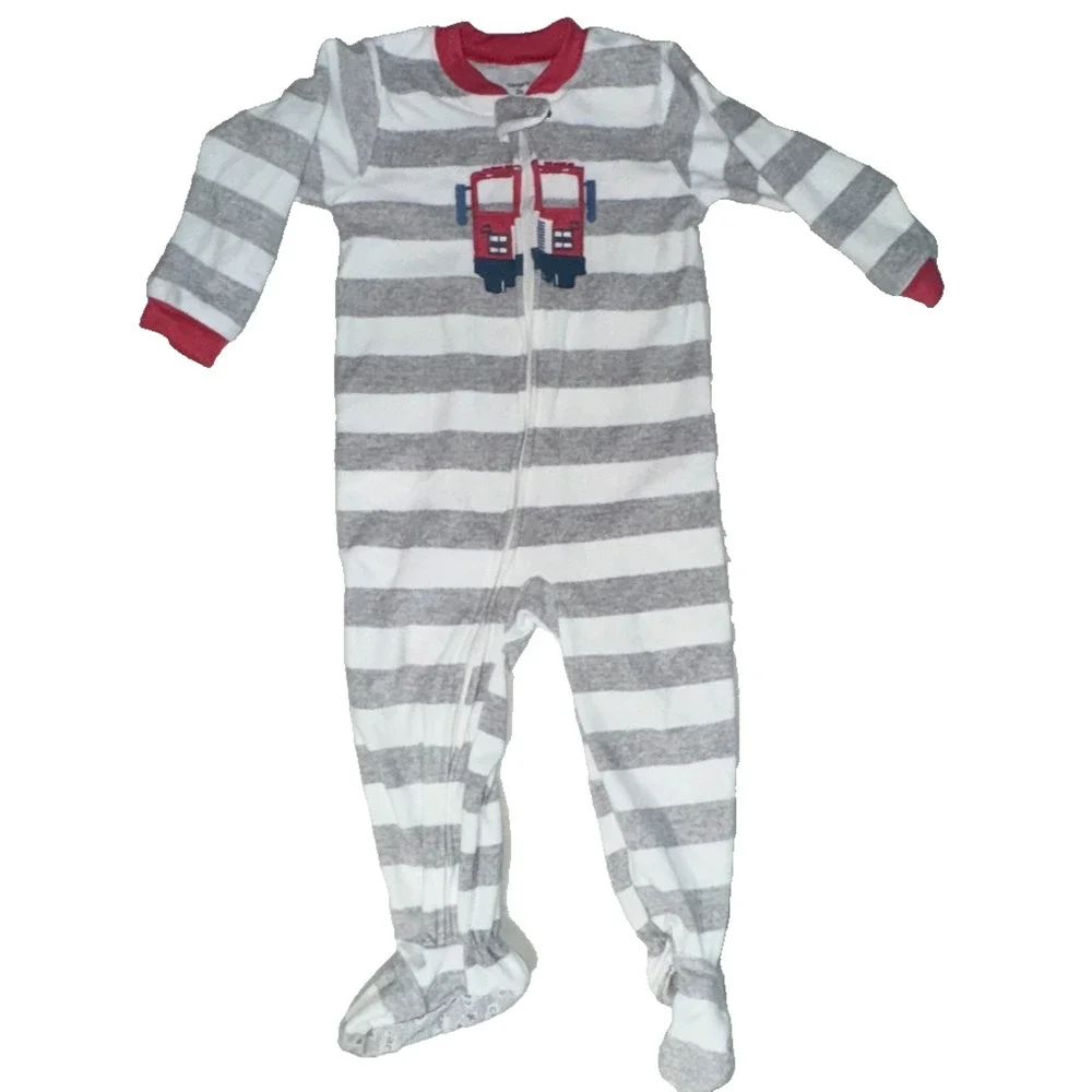 Carters Boys 3T Footie Pajamas‎ Firetruck Striped Microfleece Full Zip Sleepwear